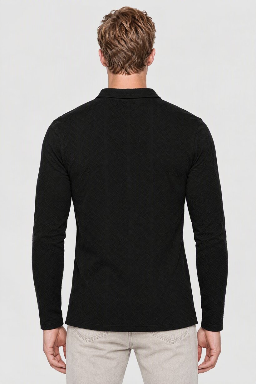 Men Regular Fit Half Zipper Long Sleeve Textured Polo Shirt, Navy