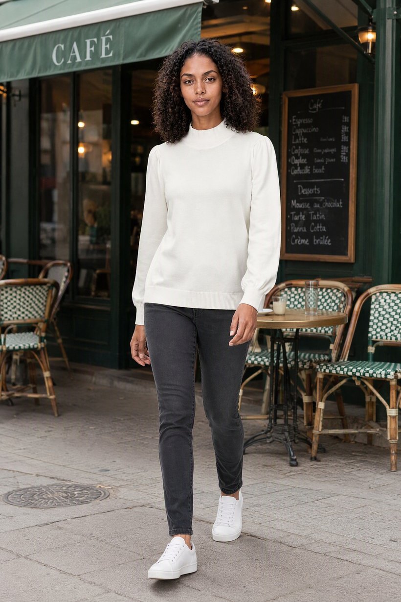 Women Turtle Neck Textured Sweater, White