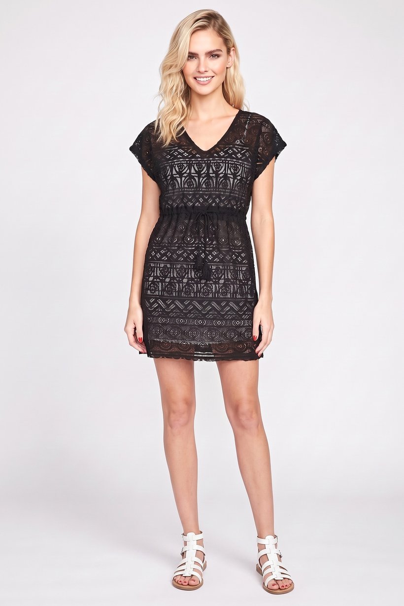 Women Lace Tie Waist Beach Top, Black