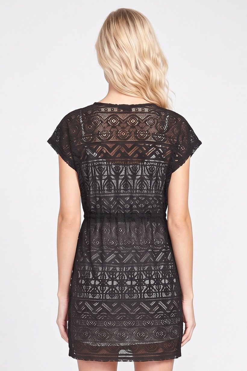 Women Lace Tie Waist Beach Top, Black