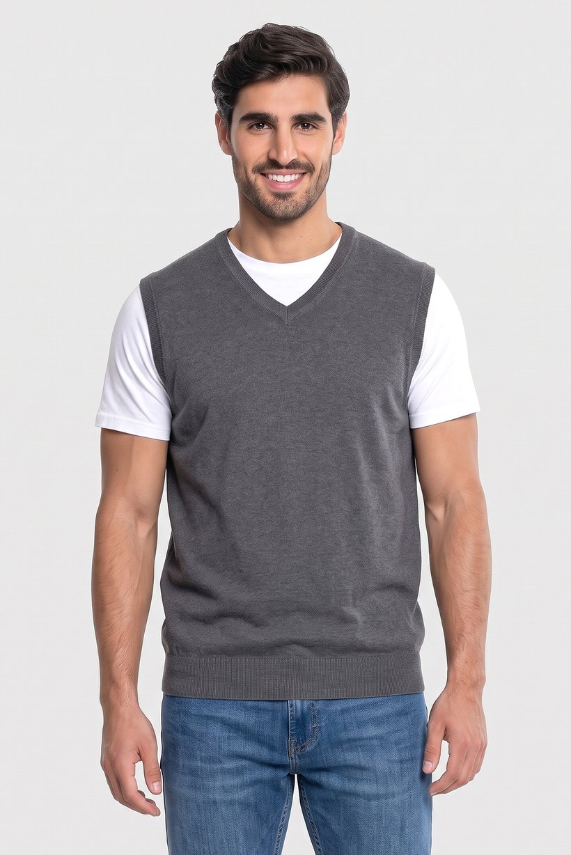 Men V-Neck Sleevess Knitted Sweater, Grey