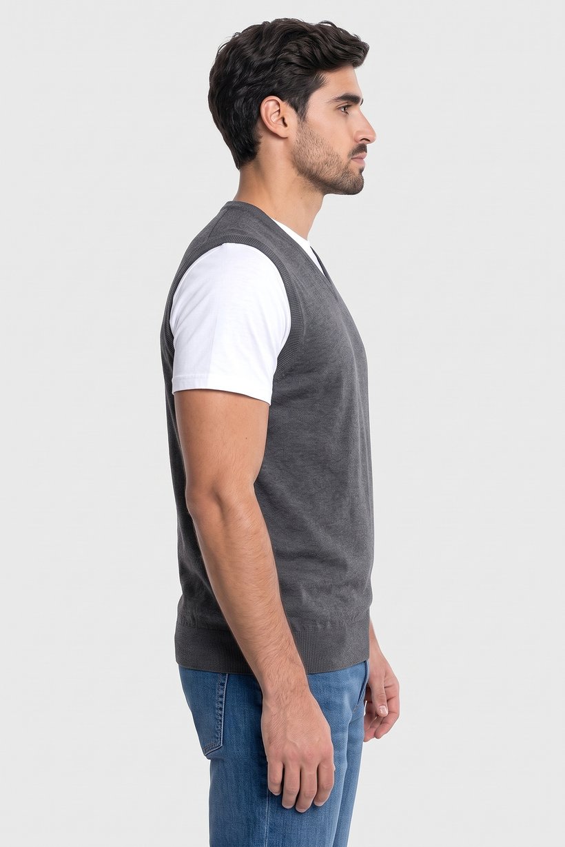 Men V-Neck Sleevess Knitted Sweater, Grey