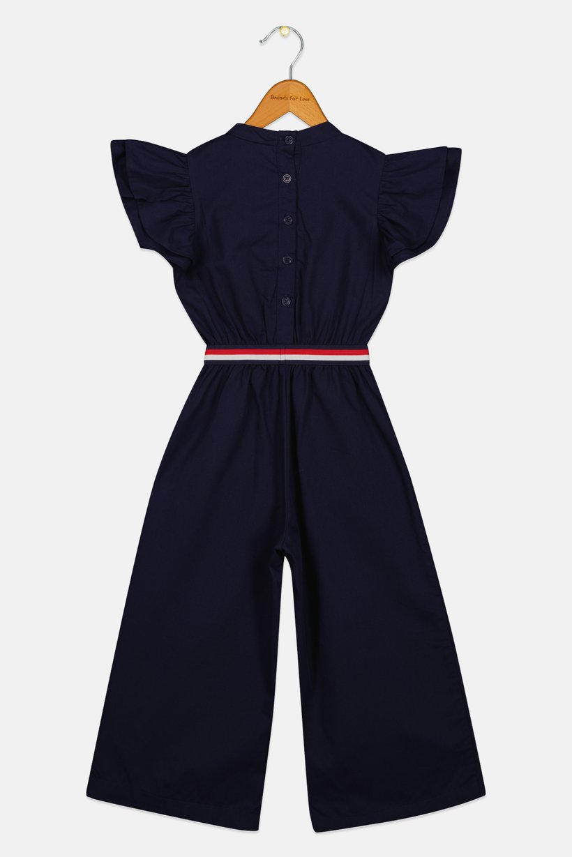 America Toddlers Girl Embroidered Logo Flutter Sleeve Jumpsuit, Navy
