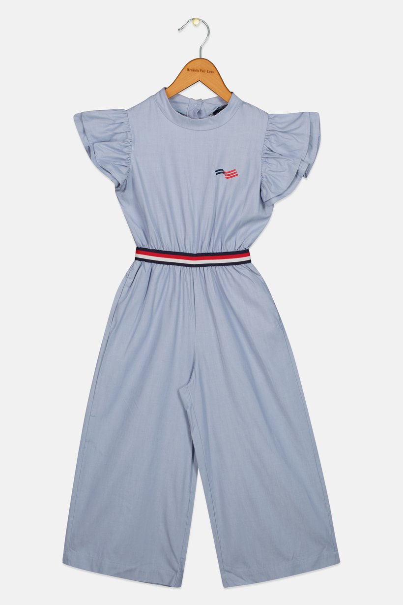 America Toddlers Girl Embroidered Logo Flutter Sleeve Jumpsuit, Slate Blue
