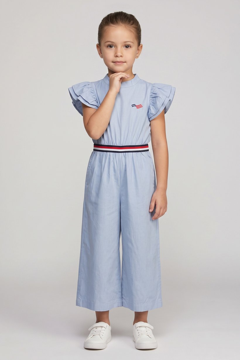 Kids Girl Embroidered Logo Short Sleeve Jumpsuit, Blue