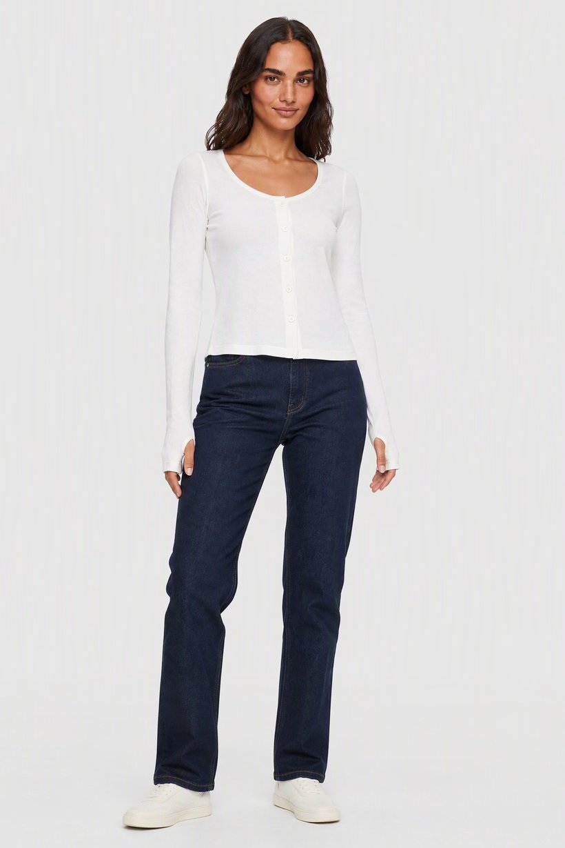 Women Round Neck Long Sleeve Ribbed Top, White