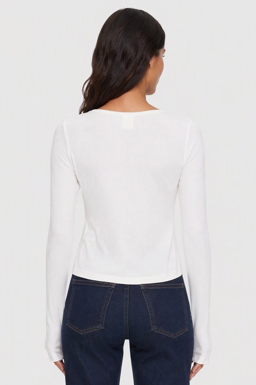 Women Round Neck Long Sleeve Ribbed Top, White