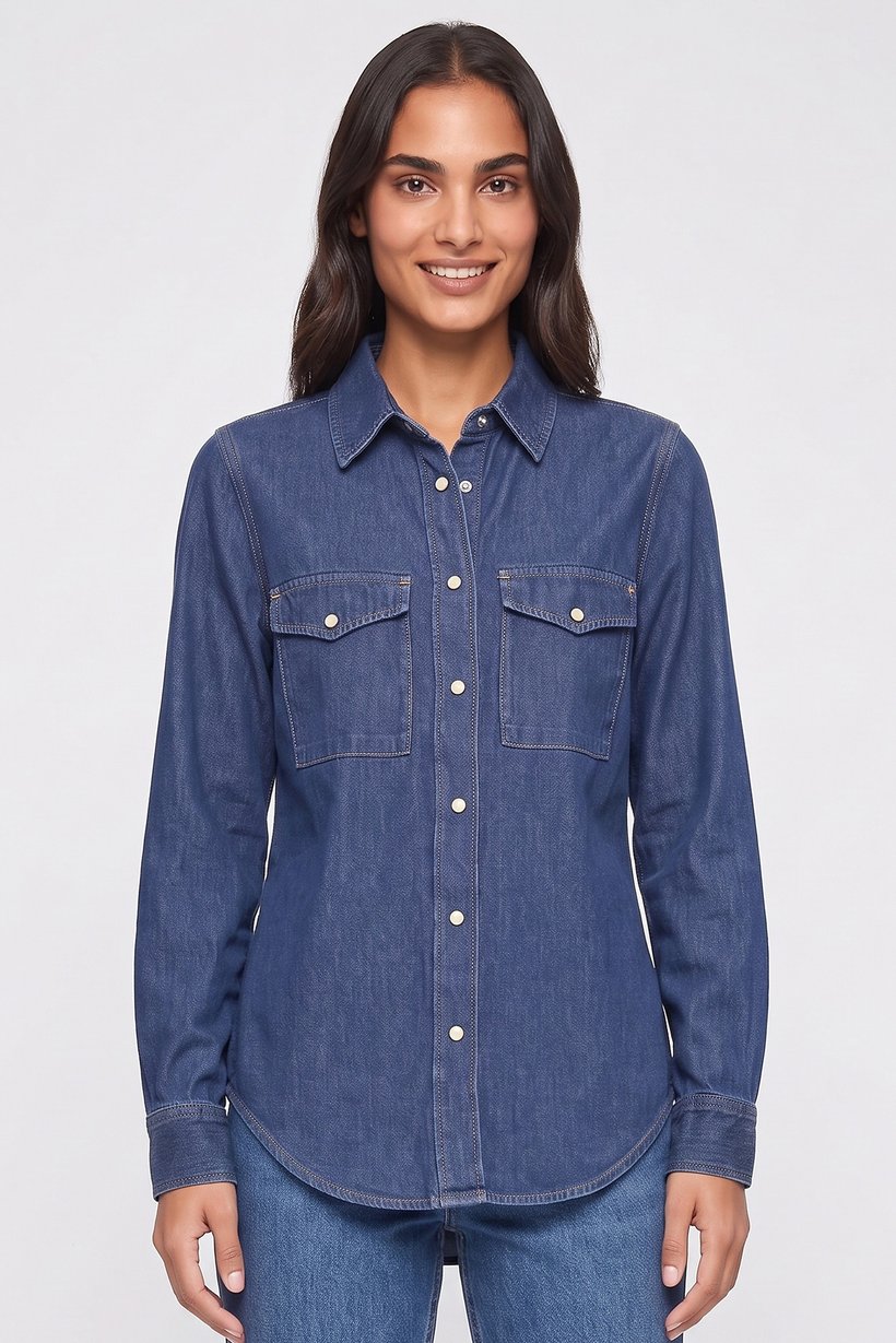 Women Pointed Collar Long Sleeve Washed Shirt, Blue