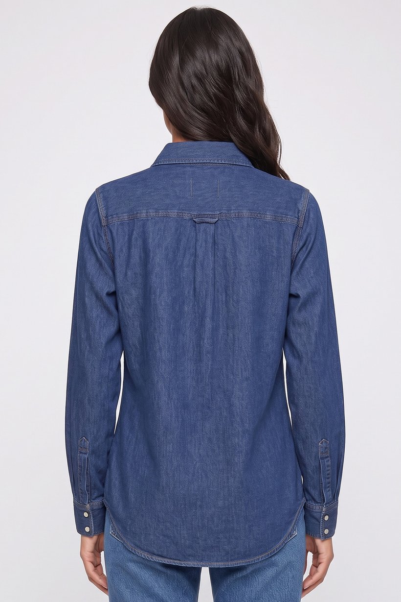 Women Pointed Collar Long Sleeve Washed Shirt, Blue