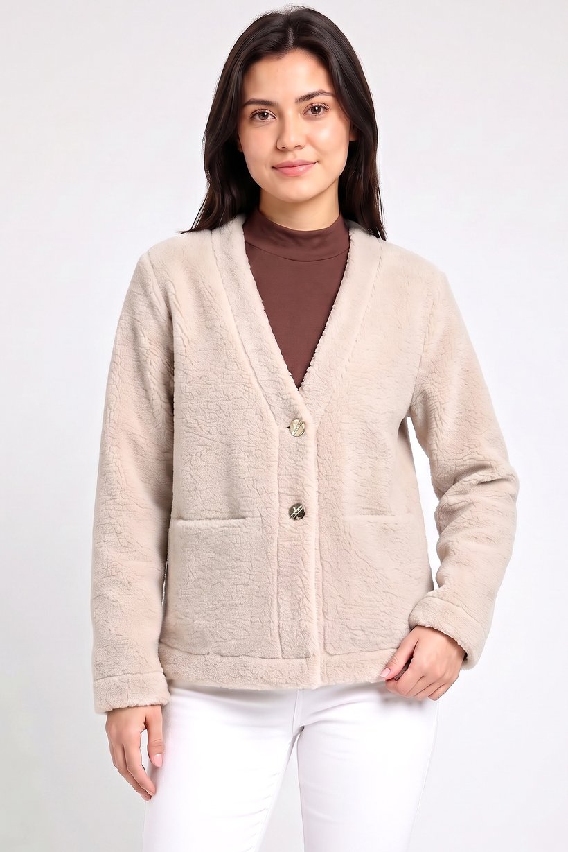 Women Textured Sherpa Jacket, Light Tan