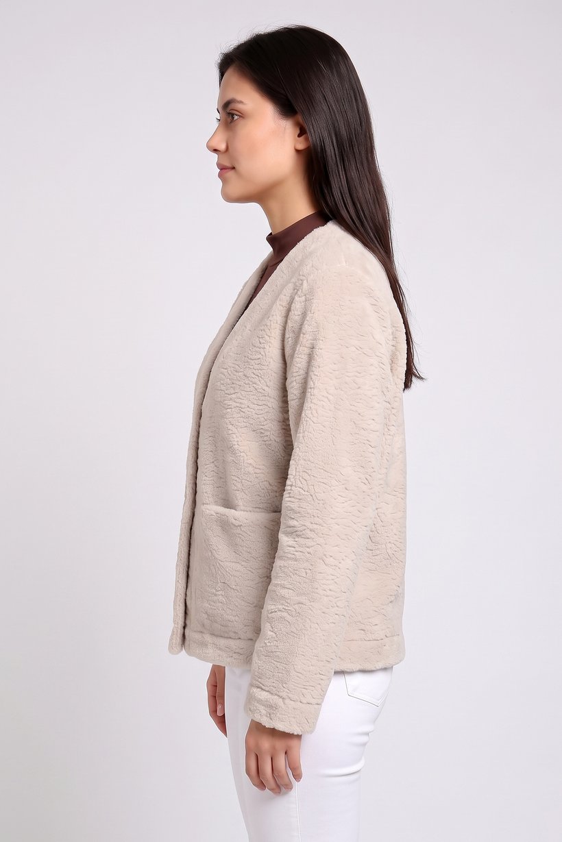 Women Textured Sherpa Jacket, Light Tan