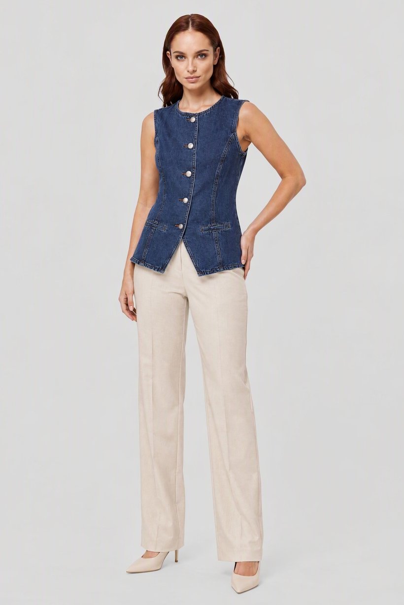 Women Regular Fit Washed Waistcoat, Blue
