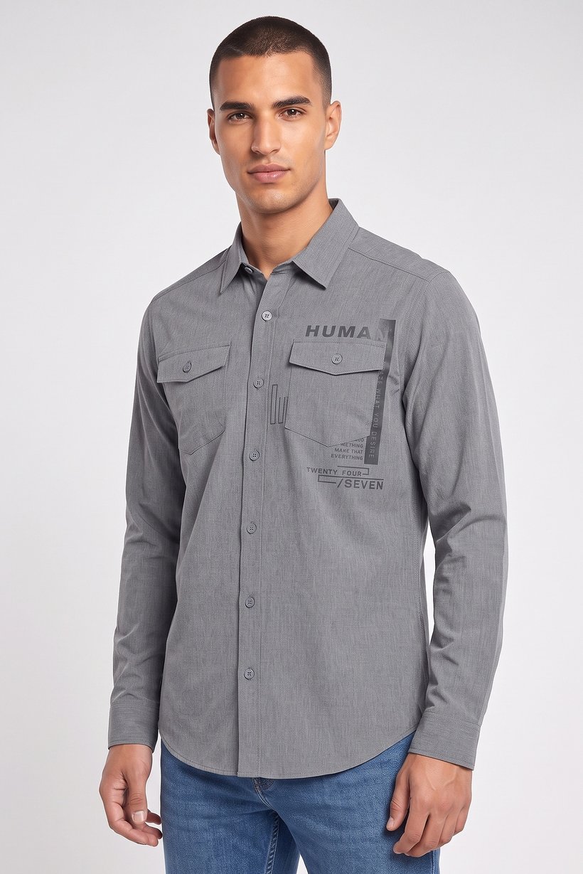 Men Regular Fit Graphic Print Long Sleeve Causal Shirt, Grey