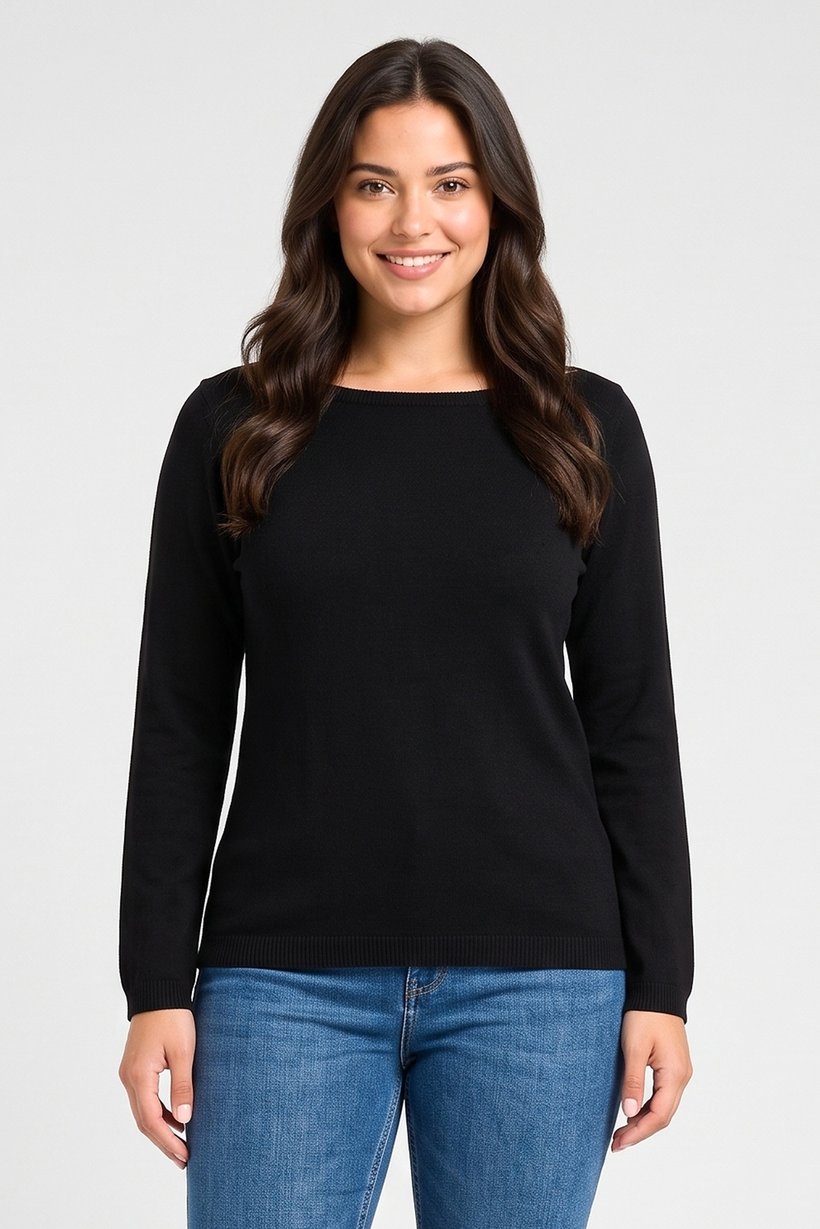 Women Boat Neck Long Sleeve Knitted Sweater, Black