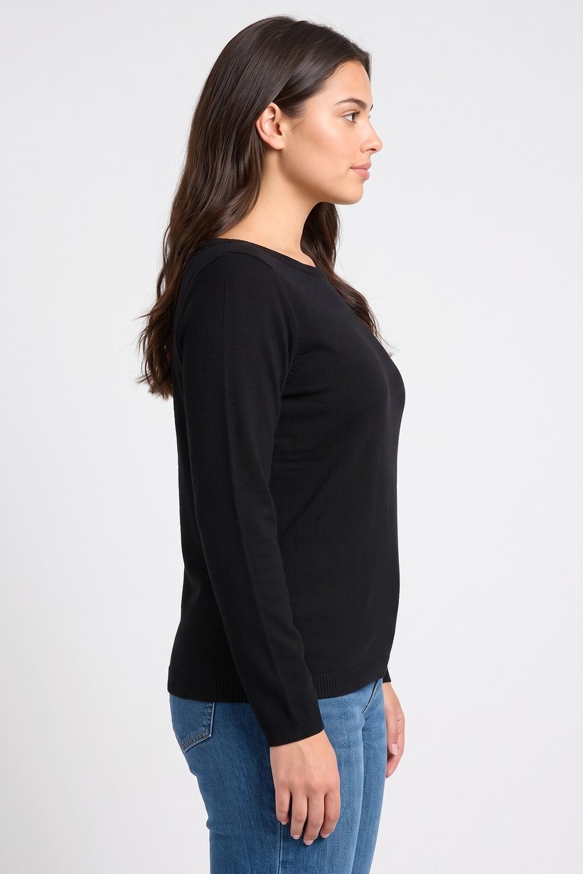 Women Boat Neck Long Sleeve Knitted Sweater, Black
