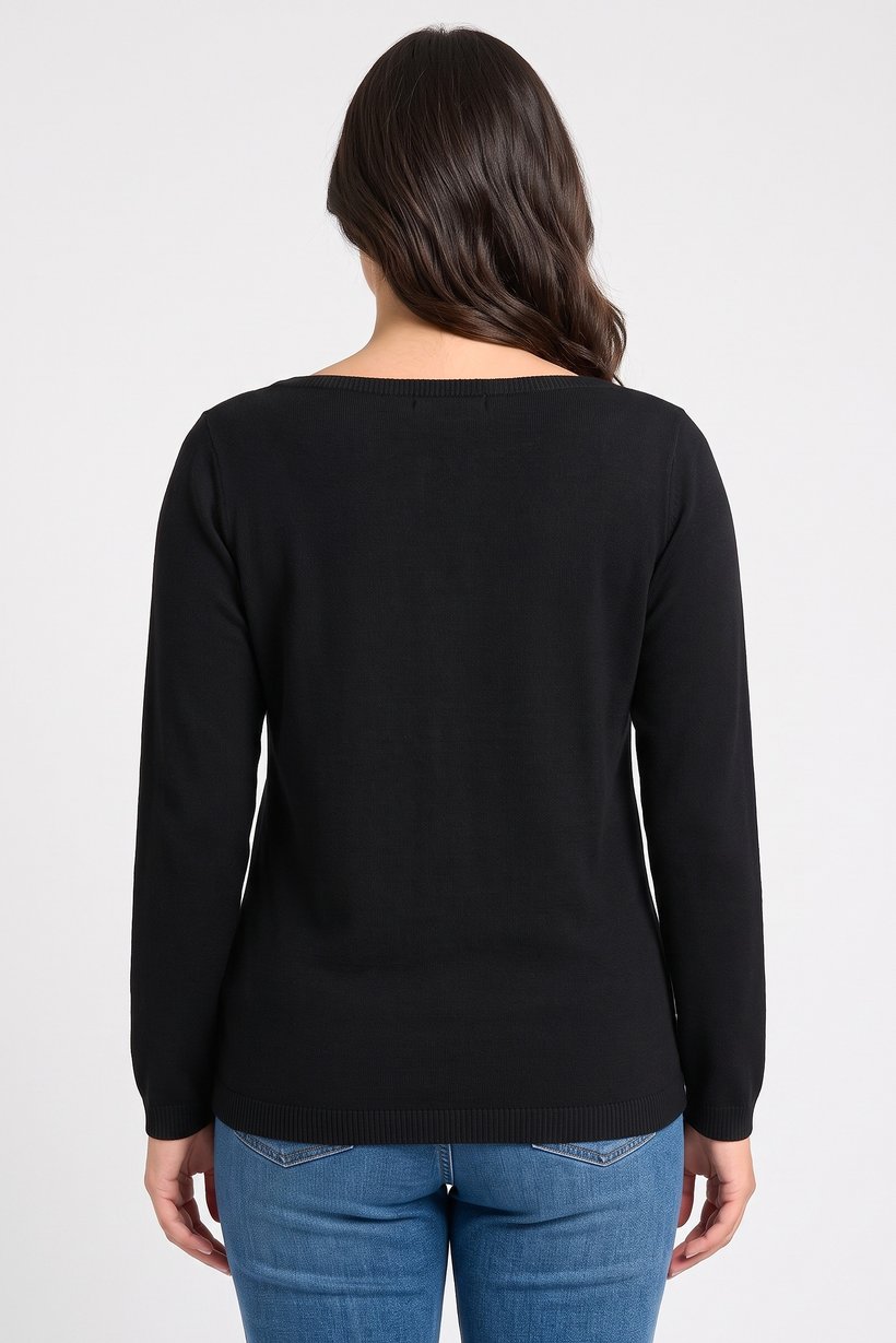Women Boat Neck Long Sleeve Knitted Sweater, Black