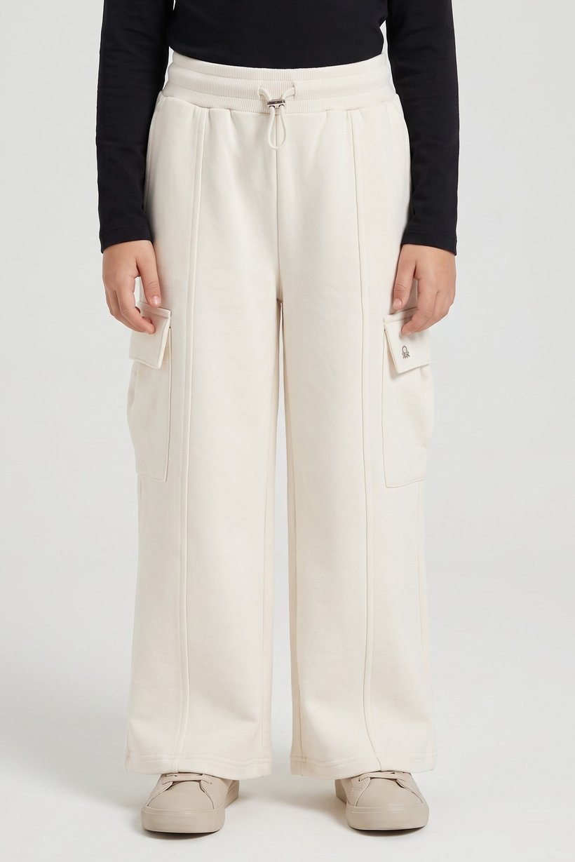 Kids Girl Regular Fit Solid Cargo Pants, Off White