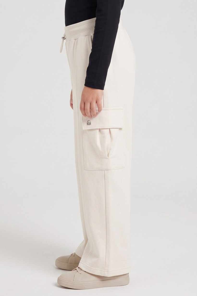 Kids Girl Regular Fit Solid Cargo Pants, Off White