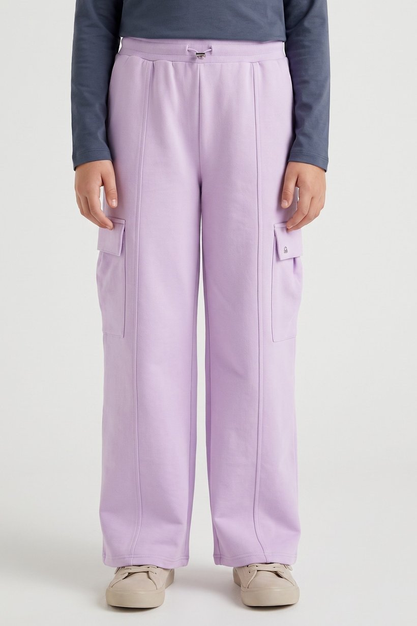 Kids Girl Regular Fit Solid Cargo Pants, Lavender