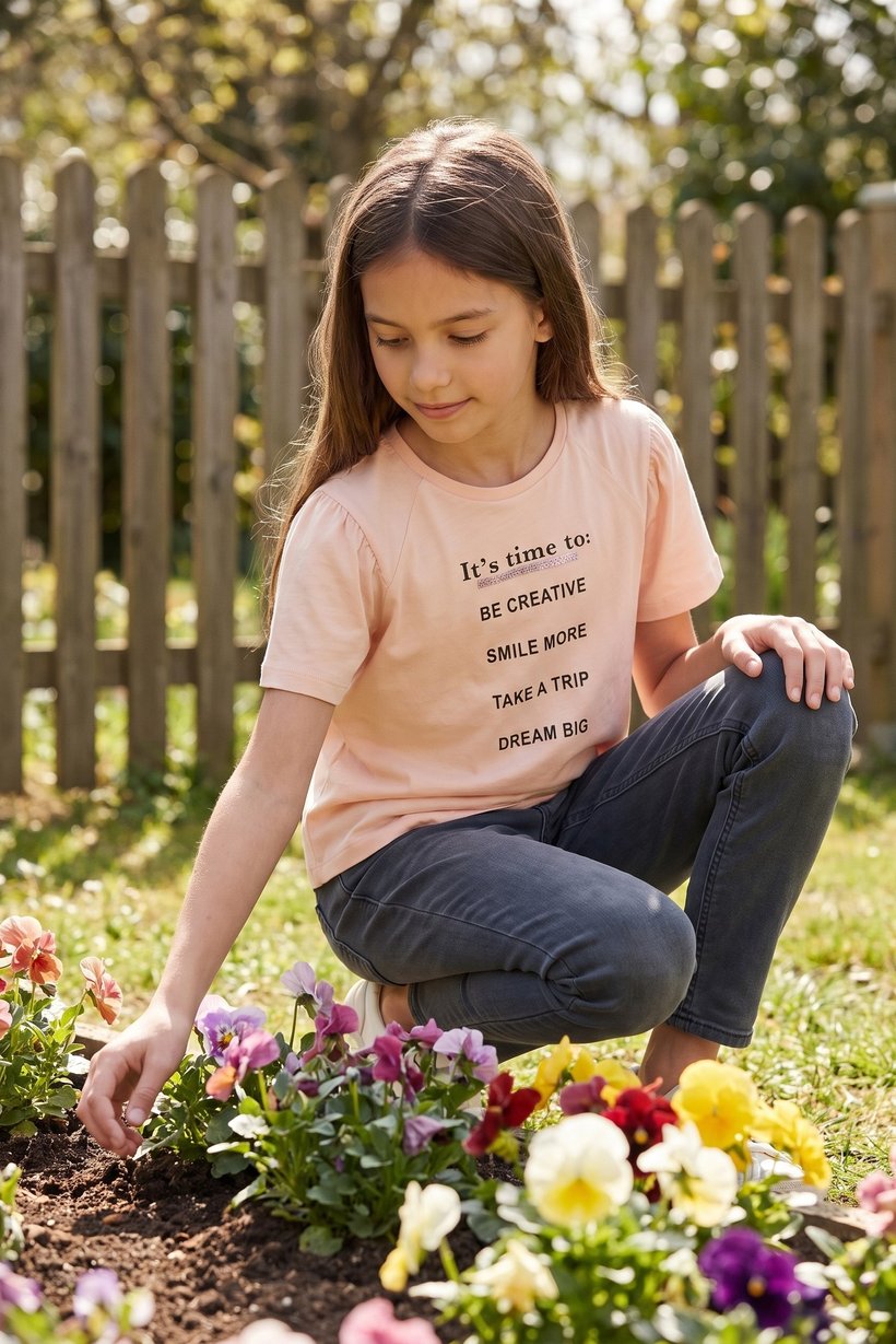 Kids Girl Short Sleeve Graphic Print T-Shirt, Light Peach