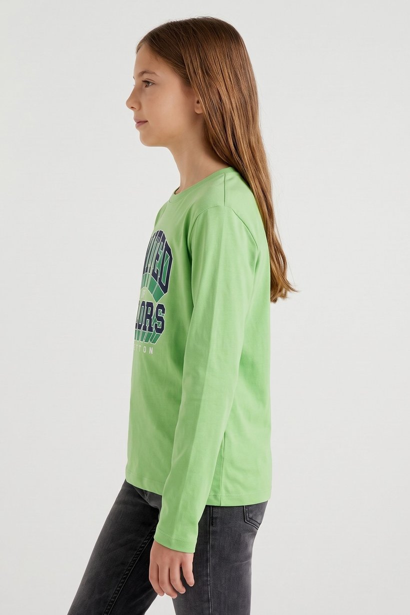 Kids Girl Crew Neck Long Sleeve Graphic Print Top, Lime Green