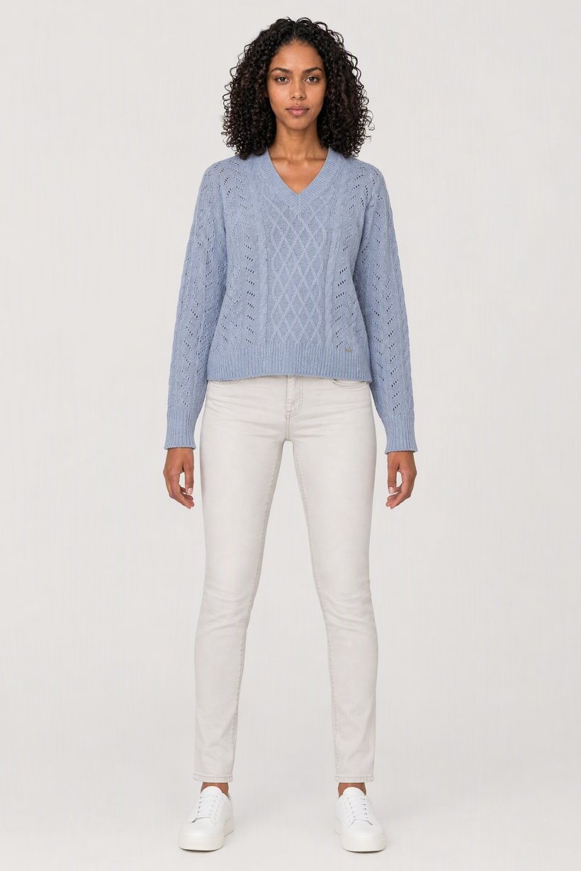 Women V-Neck Textured Long Sleeve Sweater, Light Blue