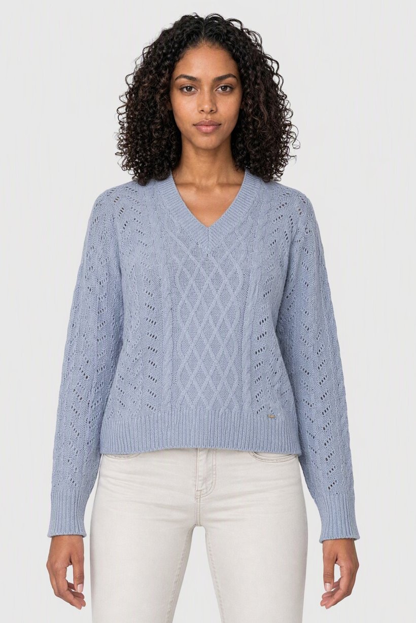 Women V-Neck Textured Long Sleeve Sweater, Light Blue