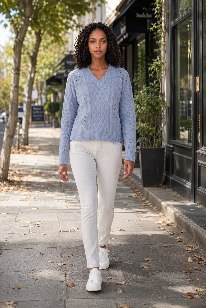 Women V-Neck Textured Long Sleeve Sweater, Light Blue