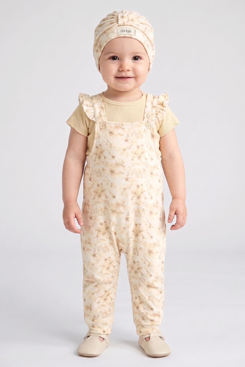 Toddlers Girl 3 Pcs Floral Print Jumpsuit And T-Shirt With Beanie, Multicolor