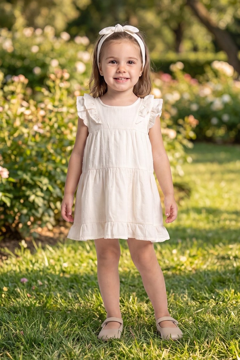 Toddlers Girl 2 Pcs Textured Dress With Headband, Cream