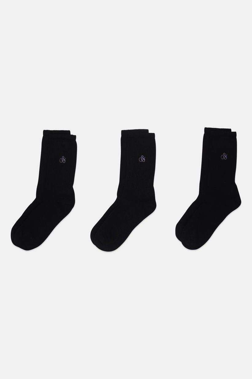 Men 3 Pairs Embroidered Logo Crew Socks, Black