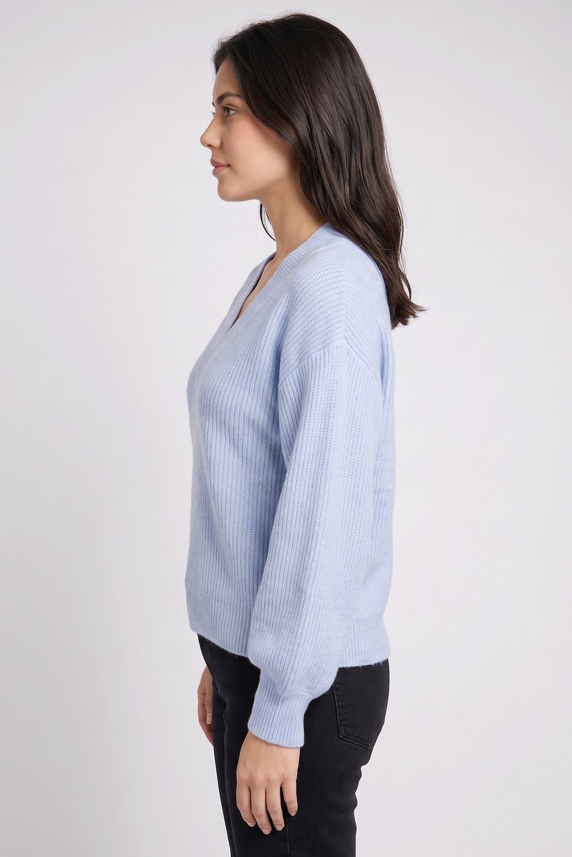 Women V-Neck Knitted Sweater, Blue