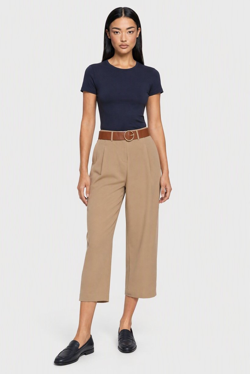 Women Regular Fit Solid Belted Capri Pants, Khaki