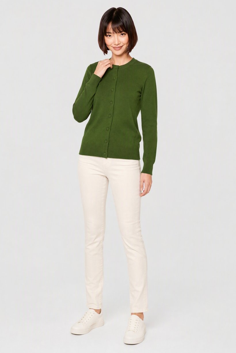 Women Crew Neck Knitted Cardigan, Green