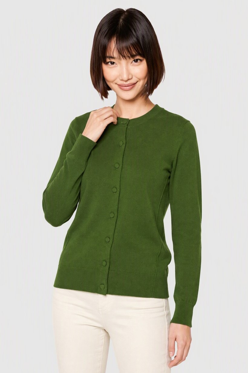 Women Crew Neck Knitted Cardigan, Green