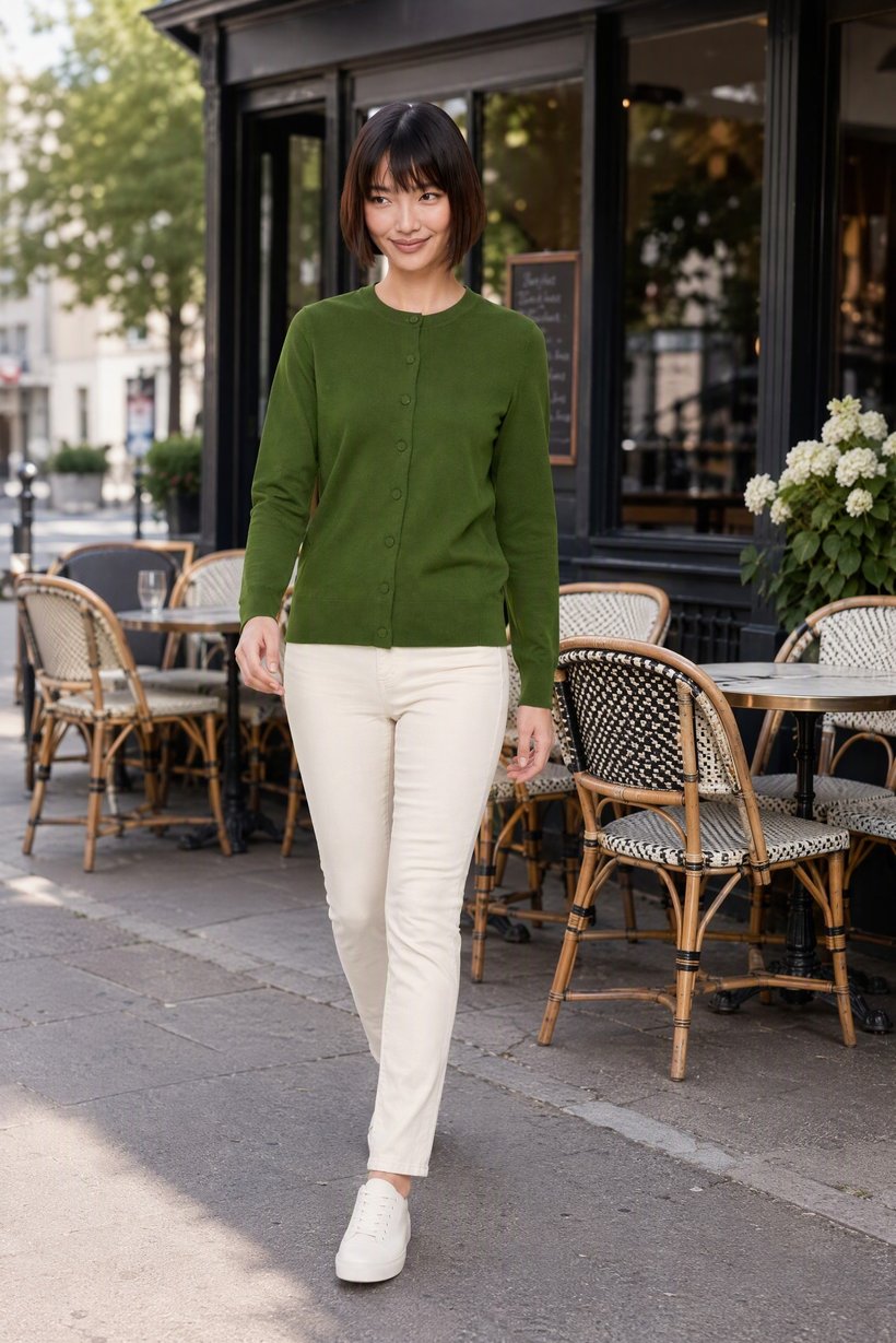 Women Crew Neck Knitted Cardigan, Green
