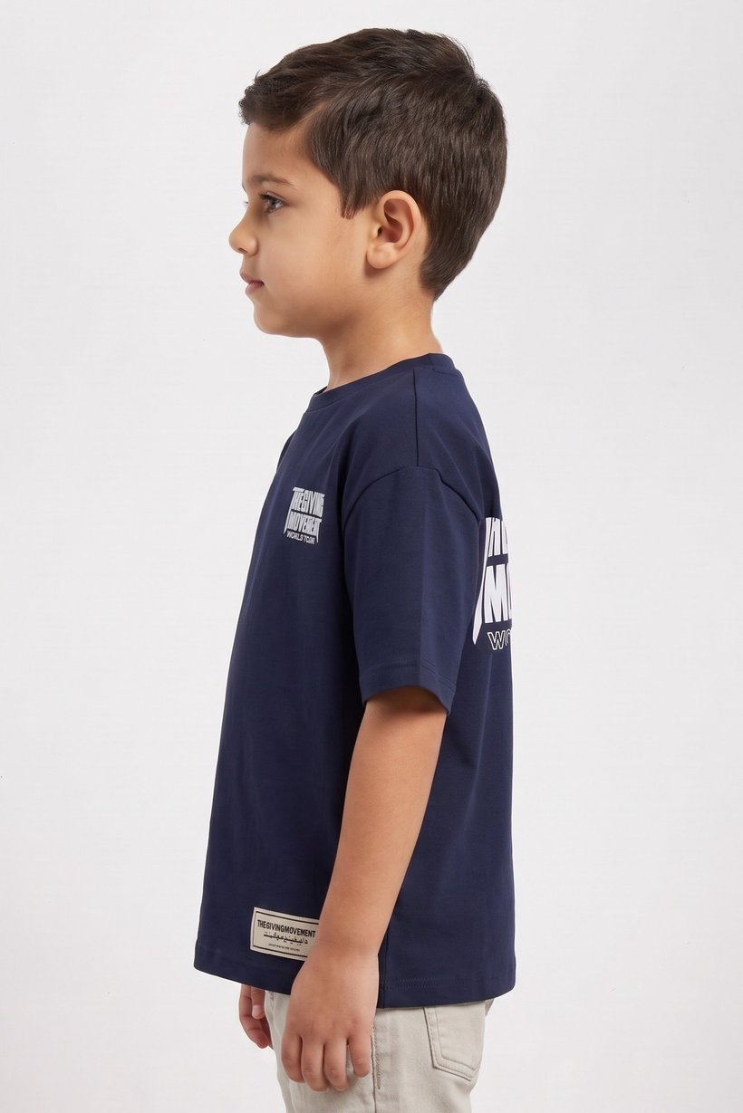 Toddlers Boy Oversized Crew Neck Short Sleeve Brand Logo T-Shirt, Navy