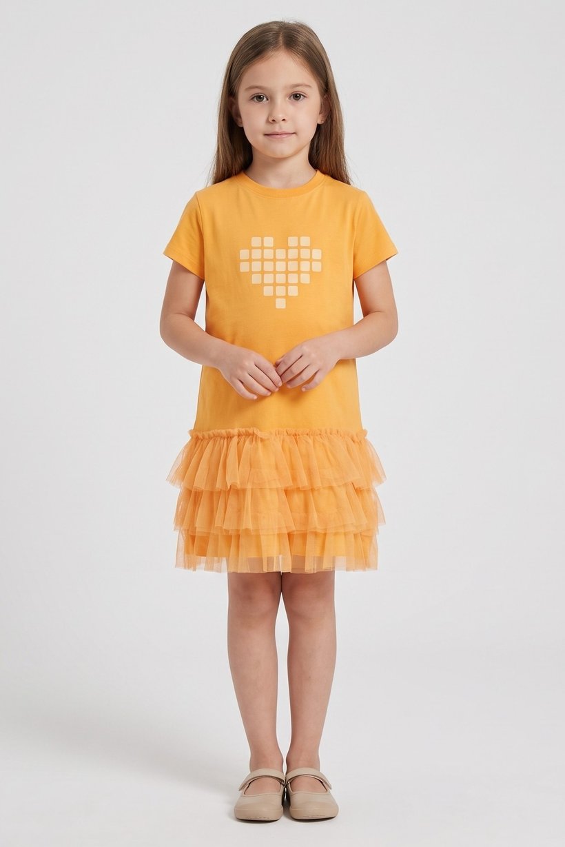 Kids Girl Short Sleeve Graphic Print Dress, Yellow