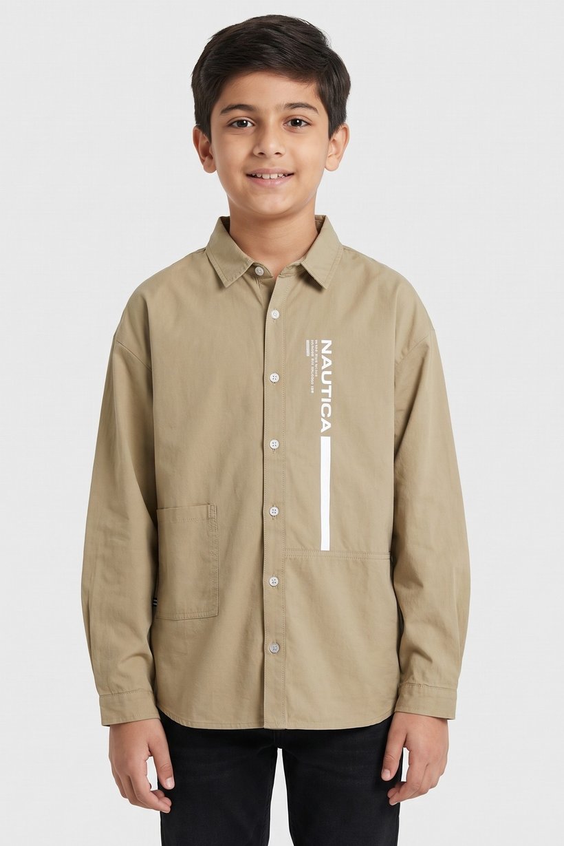 Kids Boy Graphic Print Long Sleeve Shirt, Khaki