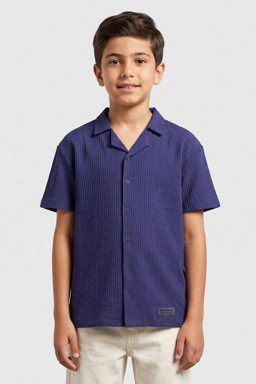 Kids Boy Brand Logo Short Sleeve Shirt, Navy Blue