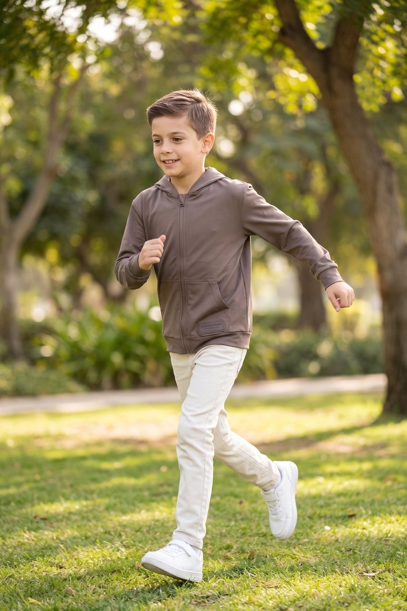 Kids Boy Brand Logo Full Zip Hoodie, Taupe
