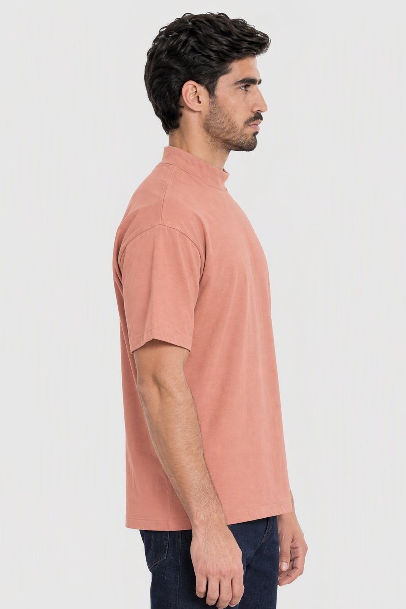 Men Oversized Fit Mock Neck Short Sleeve Brand Logo T-shirt, Peach