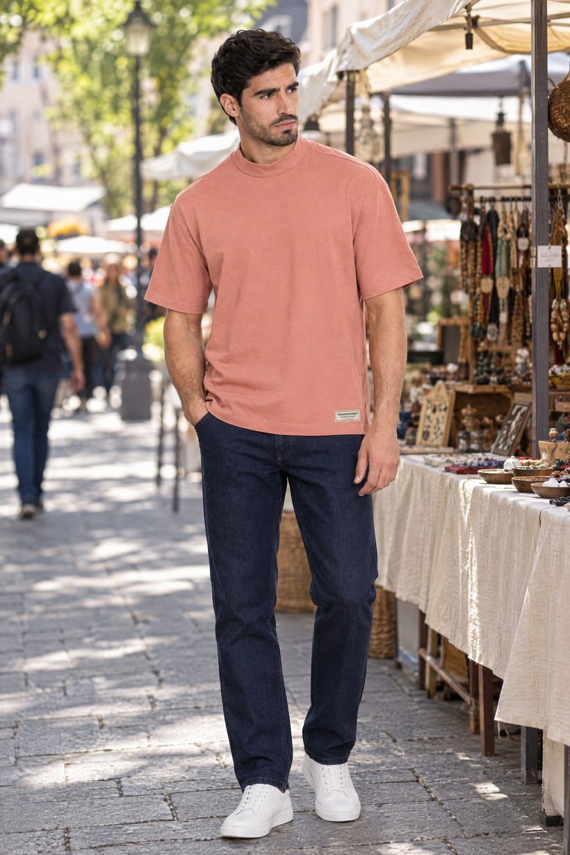 Men Oversized Fit Mock Neck Short Sleeve Brand Logo T-shirt, Peach