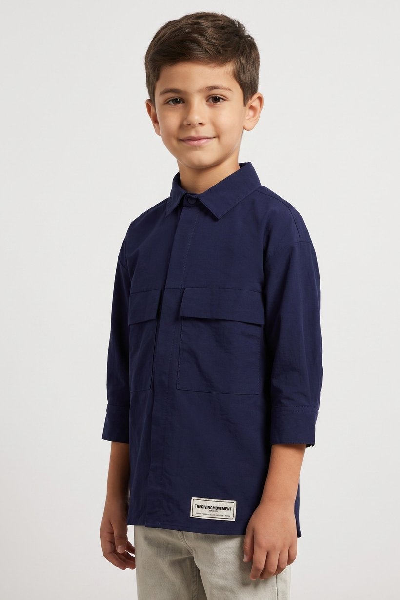 Kids Boy Brand Logo Long Sleeve Jacket Shirt, Navy