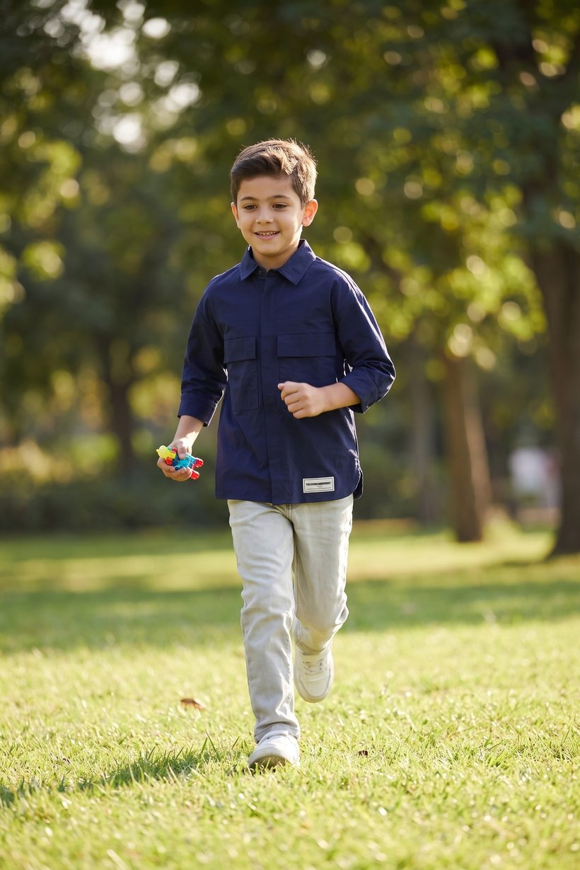 Kids Boy Brand Logo Long Sleeve Jacket Shirt, Navy