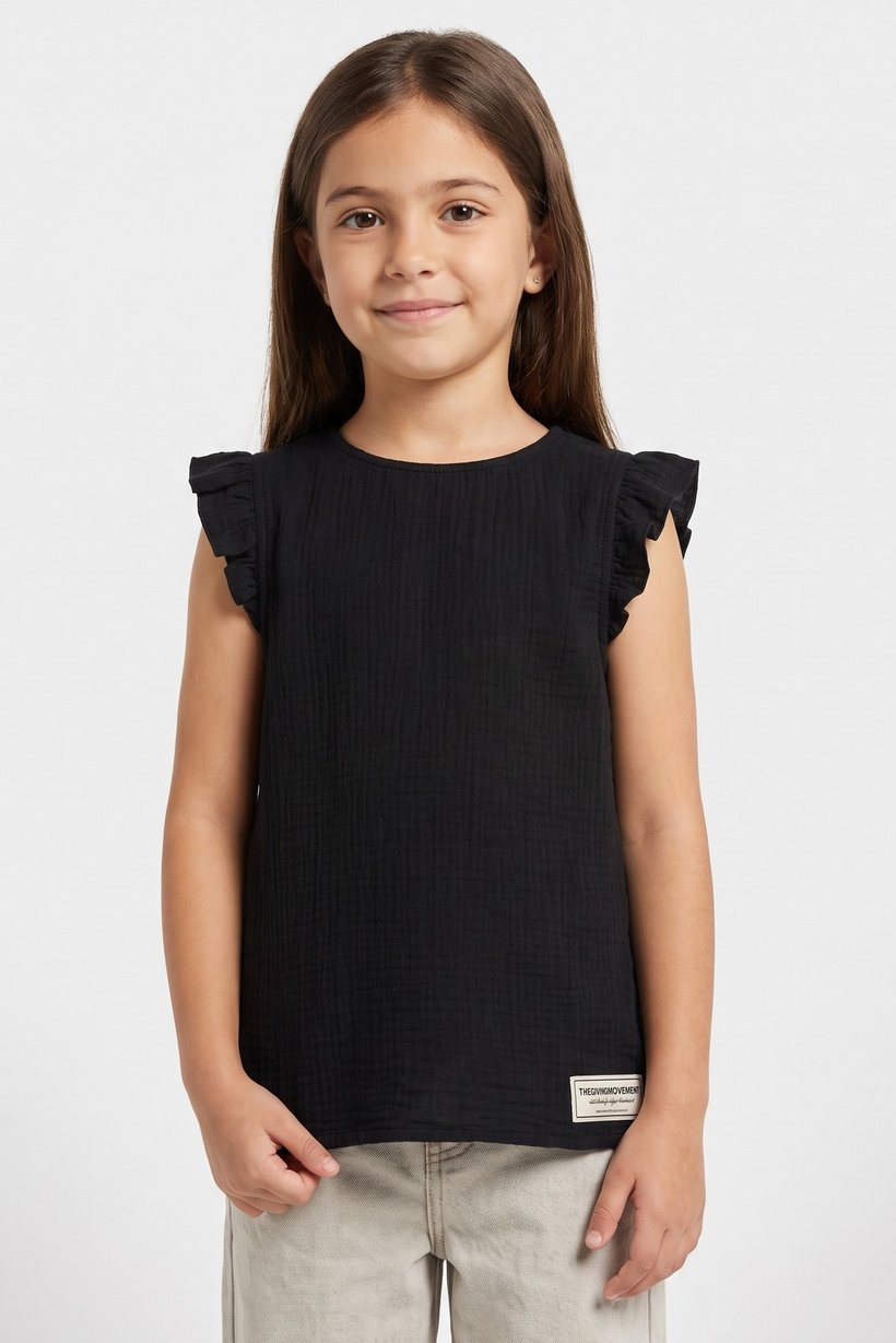 Kids Girl Textured Ruffle Sleeve Top, Black