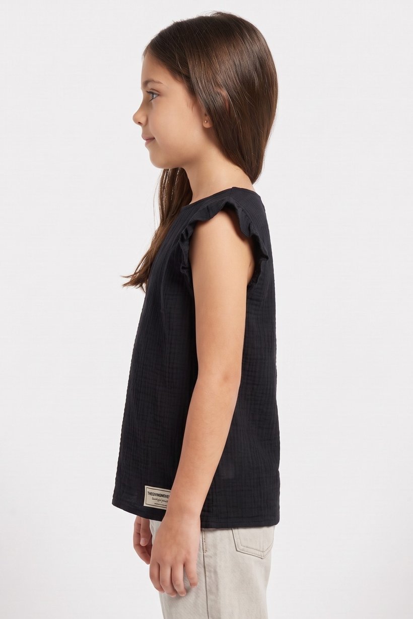 Kids Girl Textured Ruffle Sleeve Top, Black