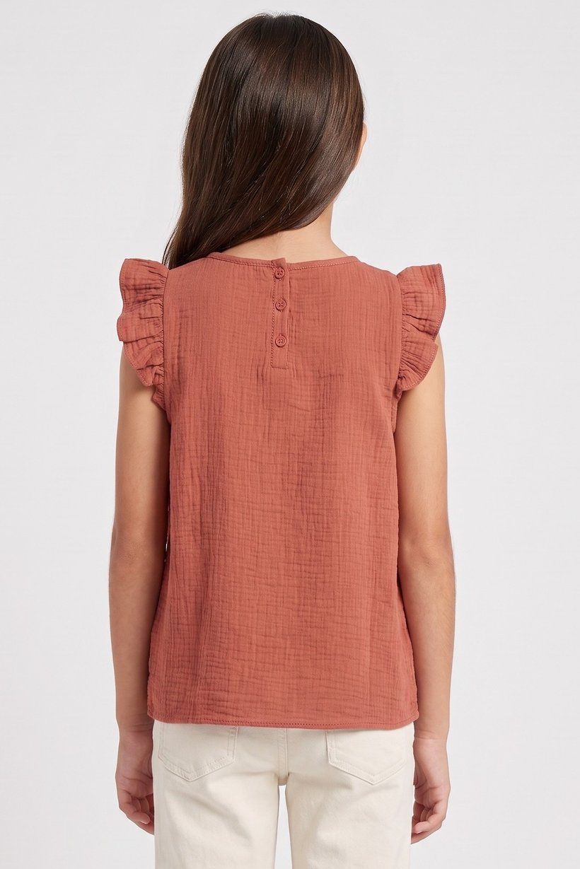 Kids Girl Textured Ruffle Sleeve Top, Rust Brown
