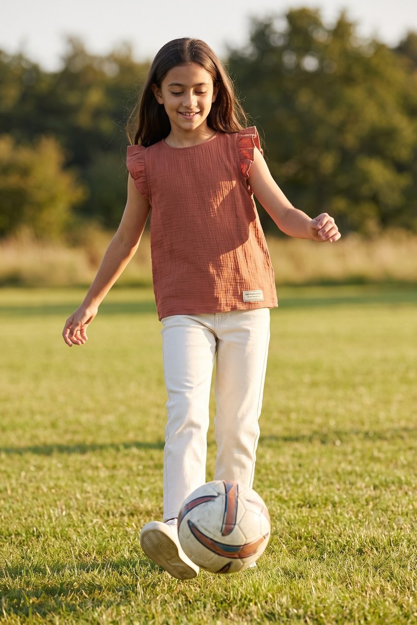Kids Girl Textured Ruffle Sleeve Top, Rust Brown
