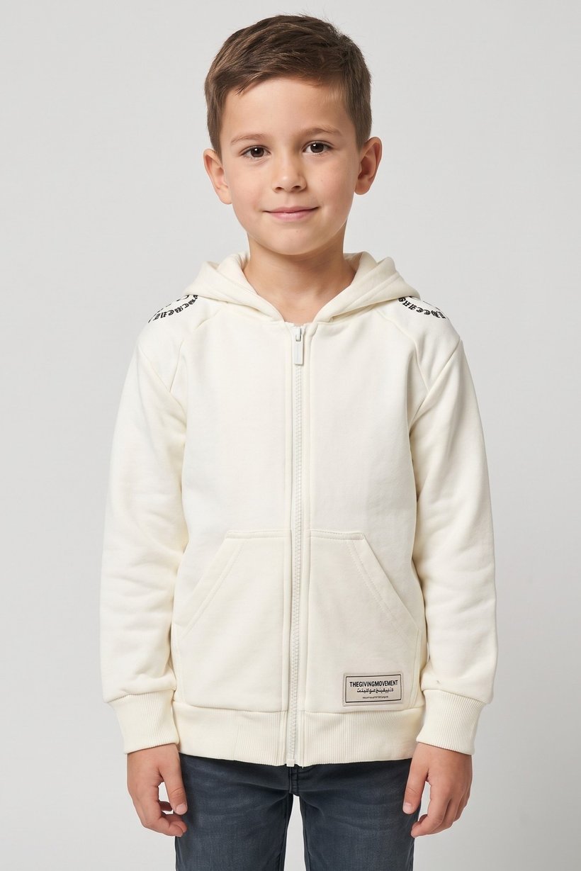 Kids Boy Brand Logo Full Zip Hoodie, Ivory
